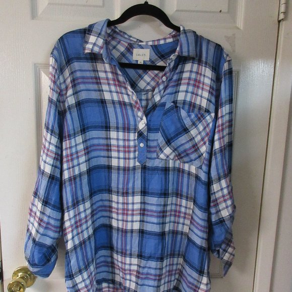 ID:23 Soft Fabric Plaid shirt with button tab rolled sleeves size XL - Picture 1 of 10